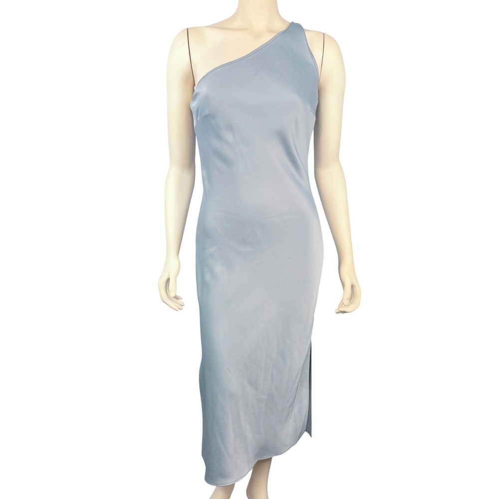 BHLDN One Shoulder Dress Womens 4 Blue Satin Midi Side Slit Formal Wedding Guest